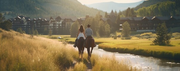 Obraz na płótnie Canvas Couple riding on horse back in suuny day.