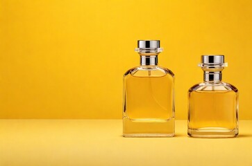 Perfume bottles on studio yellow background. Minimalism. Gift concept for international women's day, mother's day, birthday, fragrances, perfume, cosmetics, personal care. AI generated