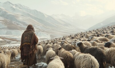 Fototapeta na wymiar large flock of cashmere sheep in himalaya mountains