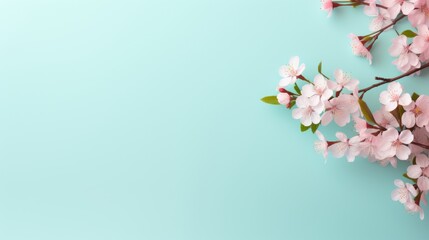 Spring background with flowers on blue background
