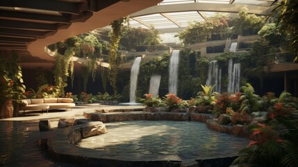 Obraz na płótnie Canvas Elegant atrium featuring lush indoor gardens and cascading water features. Generative AI