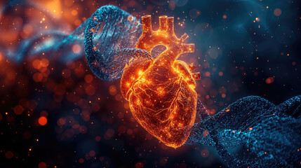 Conceptual artwork of a glowing human heart connected to a DNA strand amidst a sparkling backdrop, depicting the fusion of life and genetic science.