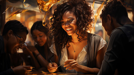 modern painting of Afro-american woman with friends on a night out in a bar or restaurant - obrazy, fototapety, plakaty