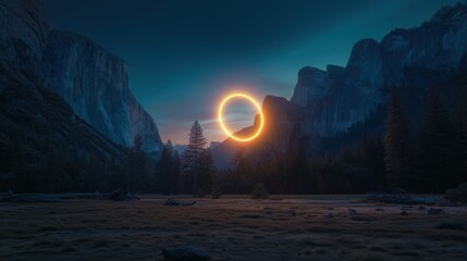 A halo of neon rings shines in a stunning landscape of natural light. - obrazy, fototapety, plakaty