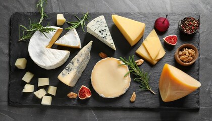 flat lay composition with different types of delicious cheese on slate board