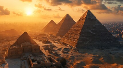 Iconic pyramids, golden hour hues, aerial drone view, distant horizons, photorealistic sunset setting Generative AI