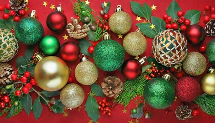 holiday ensemble overhead perspective of stylish tree ornaments red green and golden balls shimmering star mistletoe berries pine cones confetti on red background ready for seasonal greetings