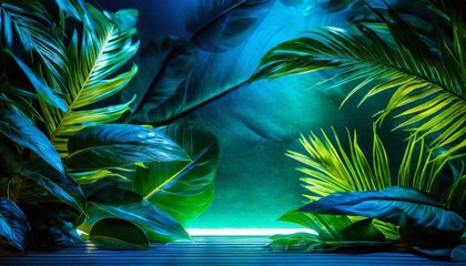 Fototapeta na wymiar green and blue neon light with tropical leaves