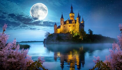 mystic water castle in moonlight