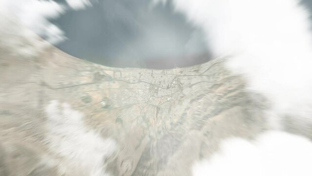 Earth zoom in from space to Muscat, Oman. Followed by zoom out through clouds and atmosphere into space. Satellite view. Travel intro. Images from NASA