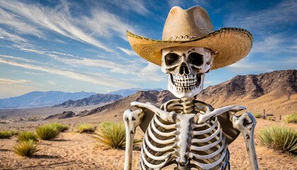 skeleton cowboy with hat and desert background - obrazy, fototapety, plakaty