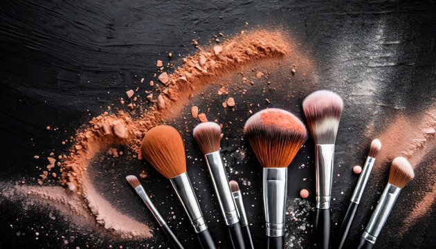 make up cosmetic brushes with powder blush explosion on black background skin care or fashion concept free space for your text