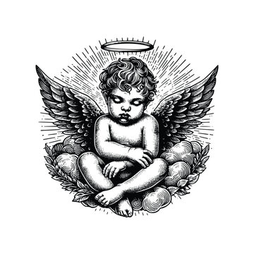 hand drawn baby angel vector illustration. black and white cupid angel isolated white background