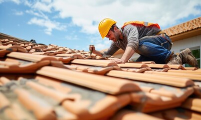 Worker with safety yellow helmet working on tiles installation