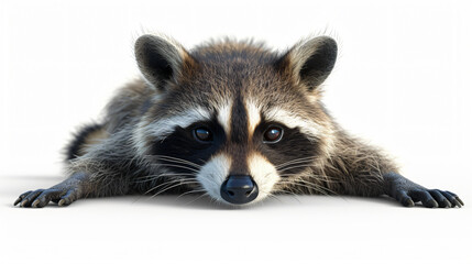 A stunning 3D rendering of a mischievous raccoon, captured in super detail and standing out against a clean white background. This playful masterpiece will make a captivating addition to any