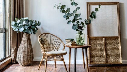 stylish interior living room with vase eucalyptus tree branches old books on wooden table rattan chair near window minimalist concept of home decor scandinavian design blank wall template