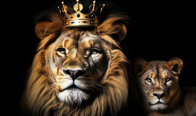 Majestic lion with a royal crown, symbolizing power and nobility, isolated on a black background with a regal and intense gaze