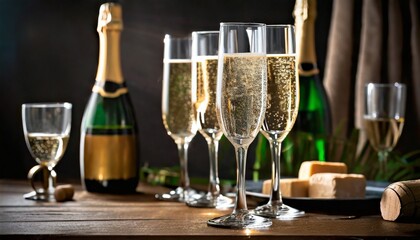 sparkling champagne glasses flutes close up with bottles in dark background