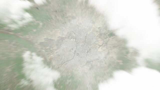 Earth zoom in from space to Nicosia, Cyprus. Followed by zoom out through clouds and atmosphere into space. Satellite view. Travel intro. Images from NASA