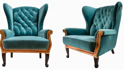 upholstered wingback accent wing chair with copper feet on white background front view of modern teal club armchair with upholstered wings interior furniture brushed plain fabric armchair