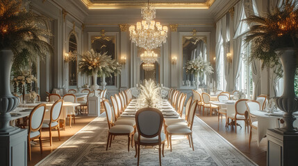 Fototapeta na wymiar The dining room is in an elegant style and is embellished with oriental elements. Generative AI.