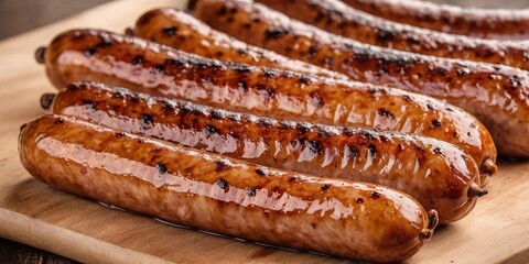 Appetizing sausages, on a wooden board. Juicy barbecues, restaurants, cafes or food and menus.