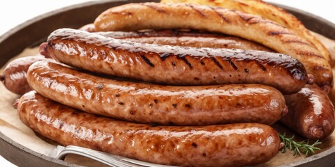 Appetizing sausages, on a wooden board. Juicy barbecues, restaurants, cafes or food and menus.