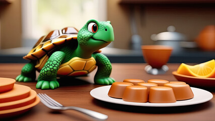 Turtle and cookies on wooden table in kitchen, closeup view. Generative AI