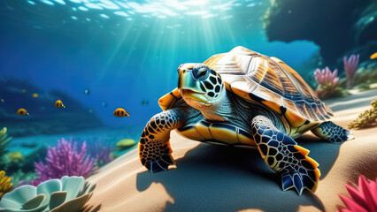 Turtle on the coral reef. 3d render. Underwater world. Vacation and travel concept. Generative AI