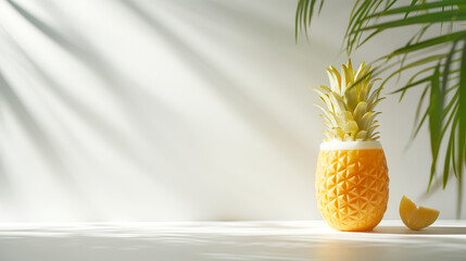 Creative studio photograph of a cup designed in the shape of a juicy pineapple