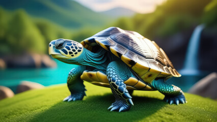 turtle on the green grass in the forest. Vacation and travel concept. Generative AI