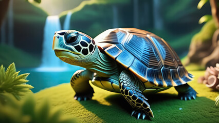 turtle on the green grass in the forest. Vacation and travel concept. Generative AI