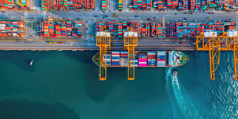An aerial view shows the complex structure of a seaport with neatly stacked colorful containers,...