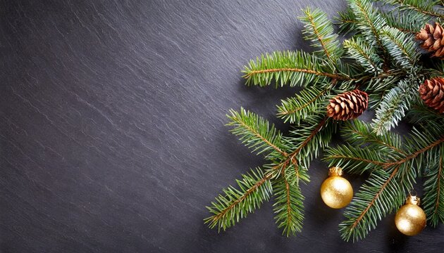 Christmas Decoration With Fir Branches On A Dark Shale Backgroun