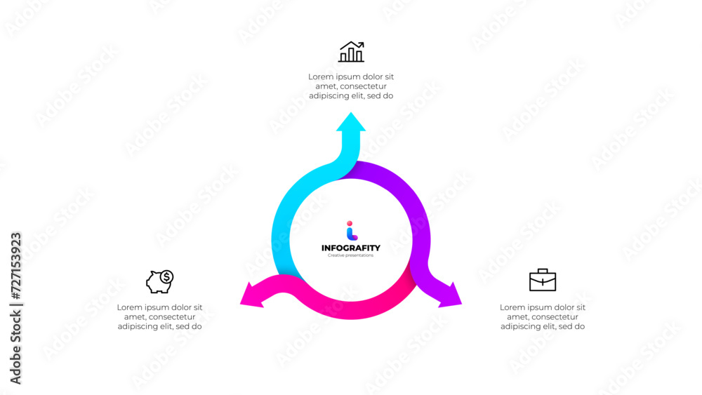Poster Cycle arrows diagram. Concept of 3 options of business project management. Vector illustration for data analysis visualization
