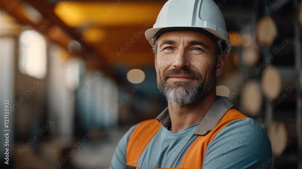 Poster Smiling mature confident professional architect in a helmet standing at a building site. Generative AI.