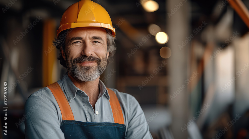Poster Smiling mature confident professional architect in a helmet standing at a building site. Generative AI.