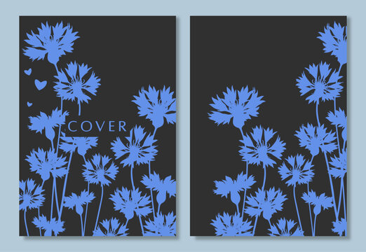 Background with silhouettes of cornflowers in vector, flat style. Cover with silhouettes of spring flowers.