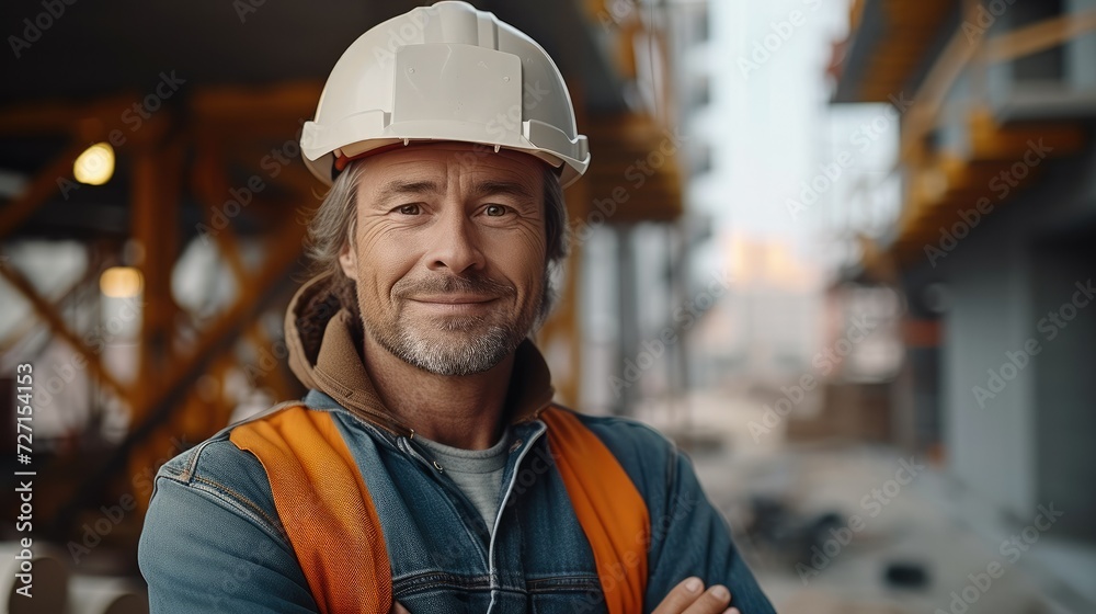 Poster smiling mature confident professional architect in a helmet standing at a building site. generative 