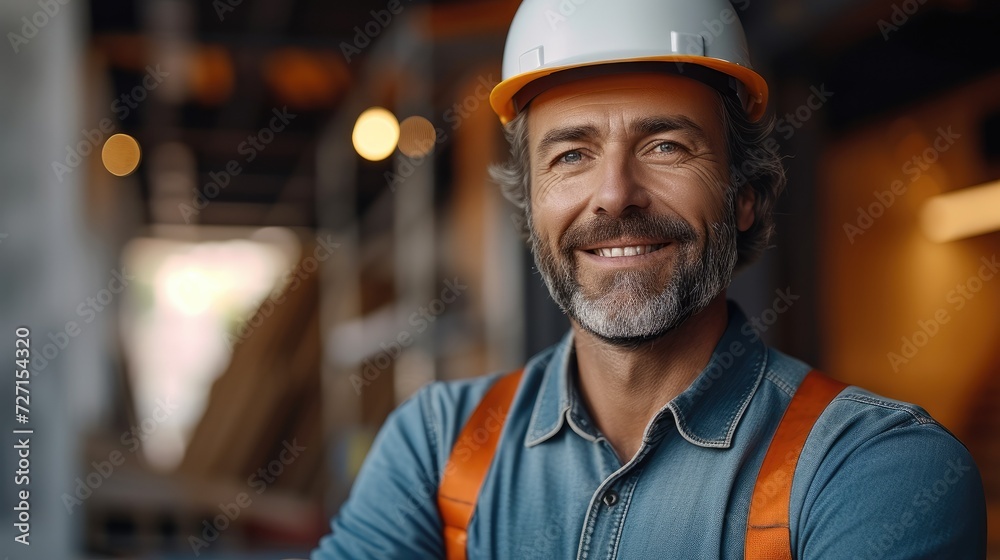 Poster Smiling mature confident professional architect in a helmet standing at a building site. Generative AI.