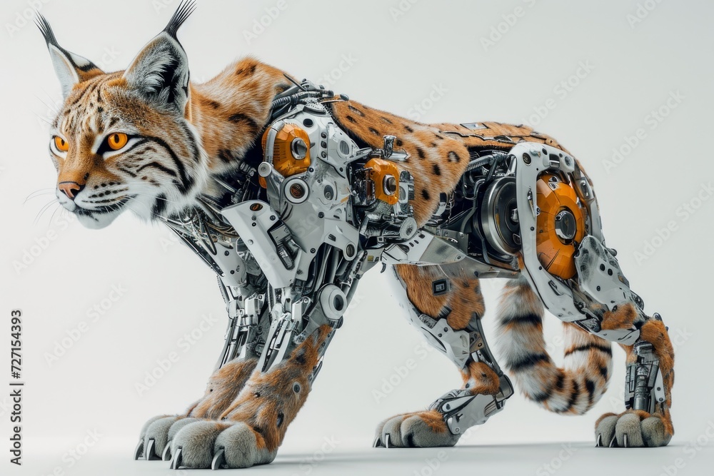 Poster Photo concept of a cybernetically enhanced lynx with robotic parts and technological augmentations, set against a plain white backdrop Generative AI