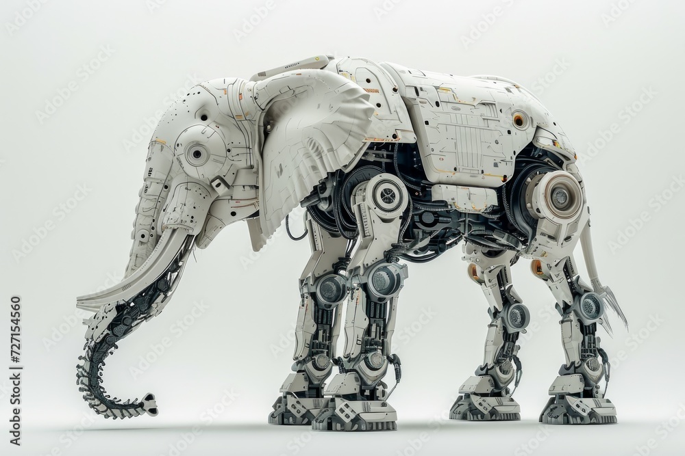 Poster photo concept of a robotically augmented elephant, featuring mechanical legs and cybernetic enhancem