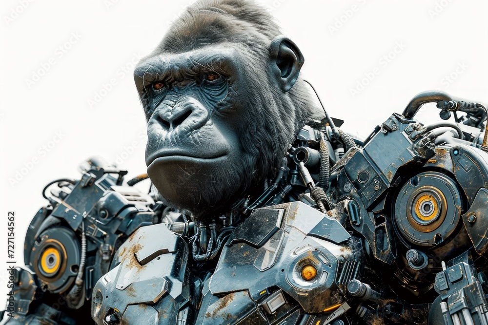 Poster photo concept of a robotically modified gorilla, featuring mechanical arms and cybernetic enhancemen