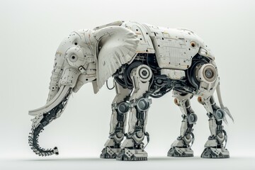 Photo concept of a robotically augmented elephant, featuring mechanical legs and cybernetic enhancements, set against a clean white background Generative AI