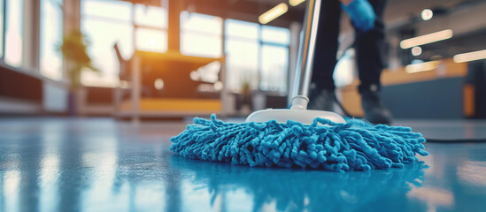 Washing the floor in the office, close-up of a mop, a cleaner washes the floors. A professional cleaner washes the floors in an office or business building. - obrazy, fototapety, plakaty