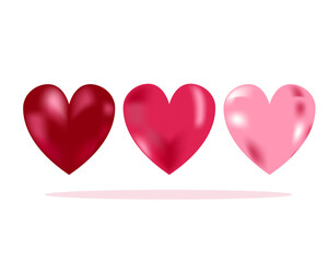 Set of realistic pink, red 3d hearts isolated on white background.