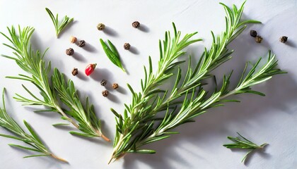 fresh green organic rosemary leaves and peper on white background background and natural shadow ingredient spice for cooking collection for design