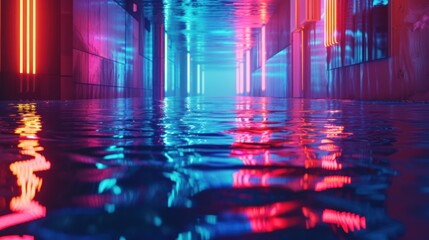 Transparent neon lights glow on retro futuristic water reflection at night.