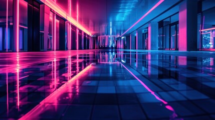 Fototapeta premium Transparent neon lights glow on retro futuristic water reflection at night.