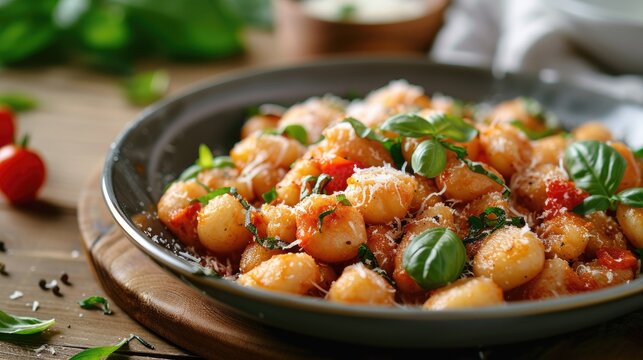 Traditional Italian food potato gnocchi with tomato sauce, parmesan cheese and fresh basil on dark table - Powered by Adobe